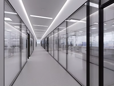 Modern Elevator Hallway Interior With Glass Walls And Linear Lighting Design 3d model