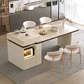 Modern Open Kitchen Interior With Lighted Storage Marble Island And Dining Chairs