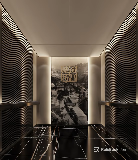 Elegant Elevator Lobby Design With Decorative Mural Dark Striped Walls And Marble Floor 3d model