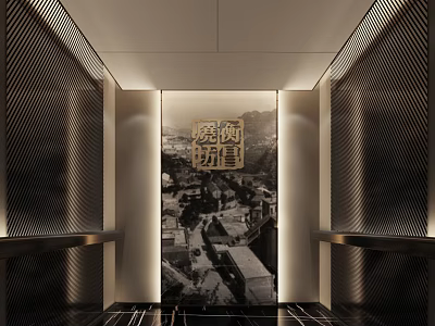 Elegant Elevator Lobby Design With Decorative Mural Dark Striped Walls And Marble Floor 3d model
