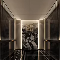Elegant Elevator Lobby Design With Decorative Mural Dark Striped Walls And Marble Floor 3d model
