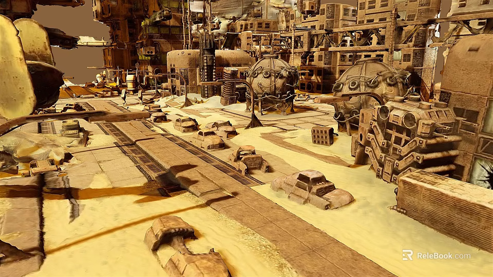 Futuristic Industrial Landscape With Large Mechanical Structures Multi Level Buildings And Vehicle Wrecks 3d model 