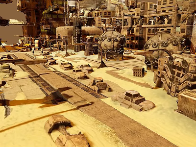 Futuristic Industrial Landscape With Large Mechanical Structures Multi Level Buildings And Vehicle Wrecks 3d model