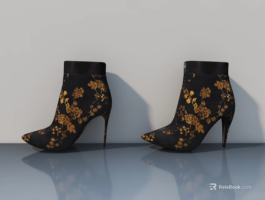 Elegant Black High Heels With Golden Floral Pattern And Slim Heel Design 3d model 