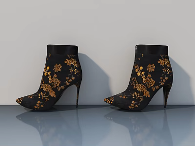 Elegant Black High Heels With Golden Floral Pattern And Slim Heel Design 3d model