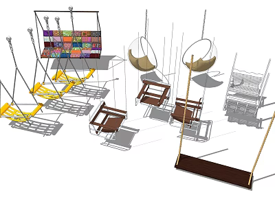 Stylish Hanging Chairs In Different Styles With Metal Frames Fabric Cushions And Wooden Seats 3d model