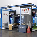 Modern HUAWEI and GANLEX Exhibition Booth With Blue Pillars Display Screens and Product Showcases