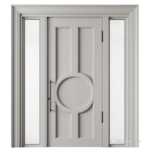 Modern Gray Swing Door With Panel Design And Glass Side Panels 3d model 