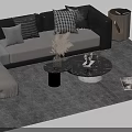 Modern Sofa and Coffee Table Set with Patterned Pillows Glass Top and Grey Area Rug 3d model