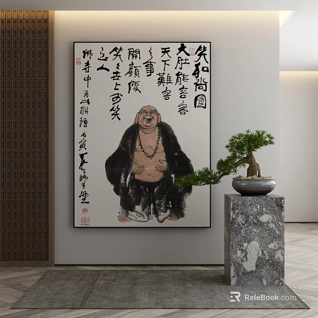 Traditional Chinese Figure Painting of Happy Monk with Calligraphy and Bonsai Plant on Marble Pedestal 3d model 