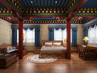 Traditional Hotel Guest Room With Colorful Ceiling Red Pillars Blue Curtains And Wooden Flooring 3d model
