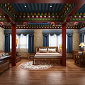 Traditional Hotel Guest Room With Colorful Ceiling Red Pillars Blue Curtains And Wooden Flooring