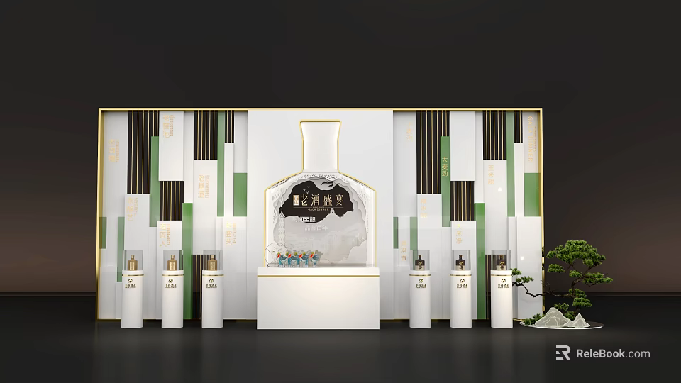 Traditional Product Display Area With Decorative Wall Golden Border White Pillars And Green Plants 3d model 