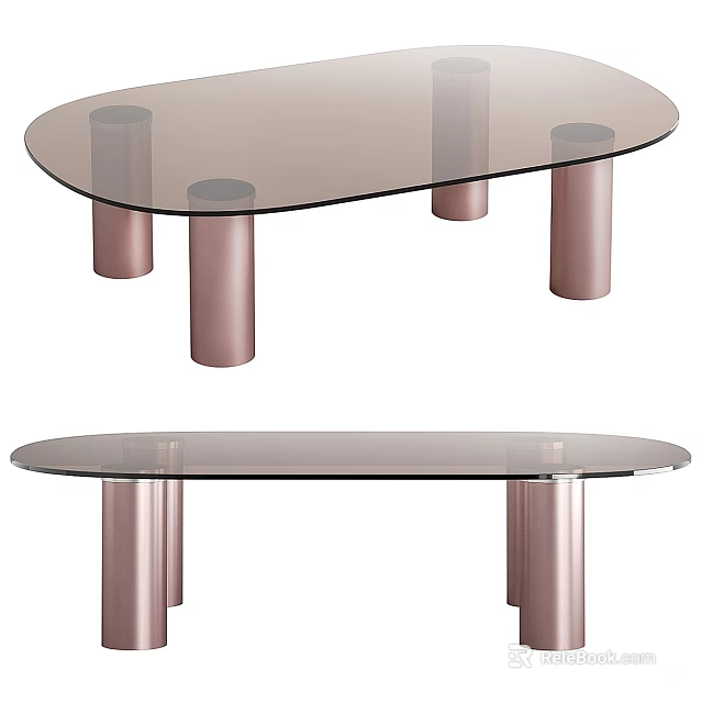 Modern Oval Glass Top Coffee Table With Copper Metal Pillar Legs Design 3d model 