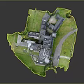 Cartoon Scene of a Large Castle with Green Lawn Trees Curved Driveway and Small Car