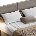 Double Bed With Gray Upholstered Headboard Wooden Floating Nightstand White Gray Pillows And Brown Blanket