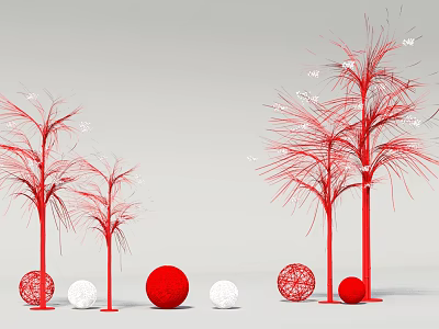Floral Display Design With Red Tree Like Decorations And White Spherical Ornaments 3d model