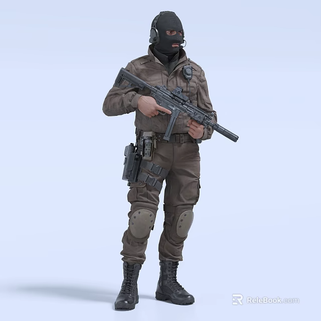 Man In Brown Tactical Uniform Holding Rifle With Knee Pads Mask And Equipment Pouch 3d model 