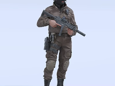 Man In Brown Tactical Uniform Holding Rifle With Knee Pads Mask And Equipment Pouch 3d model