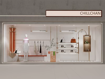 CHILLCHAN Shop Window With Mannequin Displayed Clothes Shoes Bags Stylish Shelves And Plant 3d model