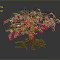Cartoon Scenery Vibrant Tree with Red Pink Leaves and Exposed Roots on Reflective Surface