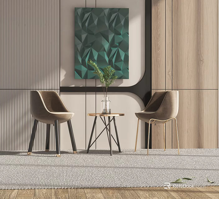 Modern Leisure Sofa Set With Two Armchairs Small Side Table And Green Geometric Wall Art 3d model 