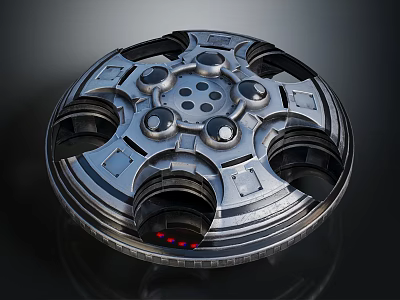 Metallic Disc Spacecraft Component For Cosmic Exploration With Circular Modules And Red Lights 3d model