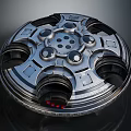 Metallic Disc Spacecraft Component For Cosmic Exploration With Circular Modules And Red Lights