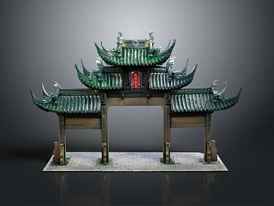 Traditional Chinese Archway Structure With Green Tiled Roof Curved Eaves And Red Ornament 3d model