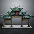 Traditional Chinese Archway Structure With Green Tiled Roof Curved Eaves And Red Ornament