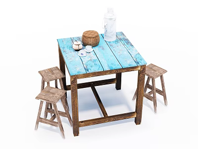 Rustic Dining Table Set With Blue Wooden Top Brown Frame And Four Stools 3d model