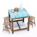 Rustic Dining Table Set With Blue Wooden Top Brown Frame And Four Stools
