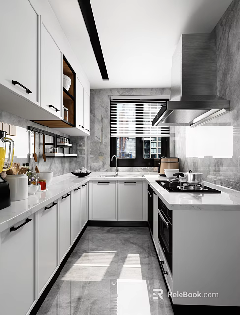 Modern Kitchen Interior With White Cabinets Quartz Countertops And Natural Light 3d model 