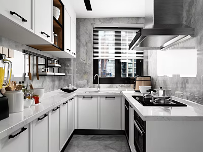 Modern Kitchen Interior With White Cabinets Quartz Countertops And Natural Light 3d model