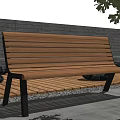 Wooden Outdoor Bench With Black Metal Legs On Deck By Gray Stone Wall And Greenery