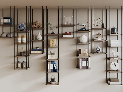 Modern Wall Mounted Shelving Units With Books Vases Tea Sets And Decorative Items 3d model