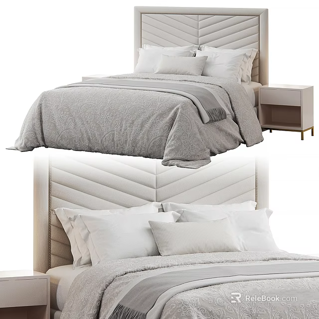 Modern Double Bed With Upholstered Chevron Headboard Gray Bedding White Pillows And Side Nightstand 3d model 