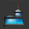 Cartoon Bank Scene With Blue Exterior Dome Antennas Round Devices And Wooden Floor