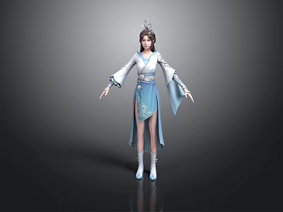 Elegant Blue And White Traditional Chinese Female Costume With Flowing Sleeves Waist Decoration And Headpiece 3d model