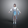 Elegant Blue And White Traditional Chinese Female Costume With Flowing Sleeves Waist Decoration And Headpiece