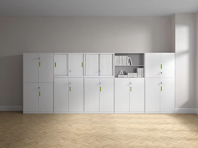 White Bookcase With Green Handles Glass Doors Holding Books And Decorative Items In Bright Interior 3d model