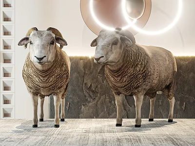 Two Realistic Sheep Statues In Modern Indoor Space With Circular Lights And Gray Wall 3d model