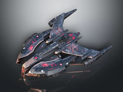Futuristic Cosmic Spaceship With Dark Exterior Red Patterned Details And Multiple Illuminated Wings 3d model