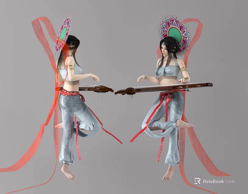 Women in Traditional Costumes Wearing Decorative Headpieces Playing Lute with Red Ribbons 3d model 