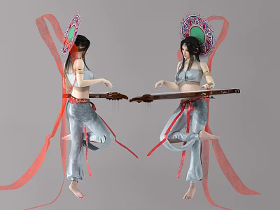 Women in Traditional Costumes Wearing Decorative Headpieces Playing Lute with Red Ribbons 3d model