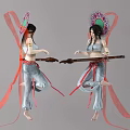 Women in Traditional Costumes Wearing Decorative Headpieces Playing Lute with Red Ribbons