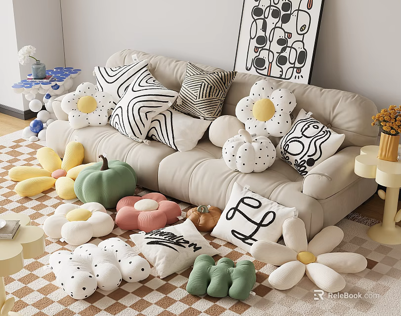Decorative Pillows With Flower Shapes And Geometric Patterns In Living Room On Sofa And Floor 3d model 
