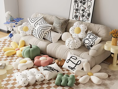 Decorative Pillows With Flower Shapes And Geometric Patterns In Living Room On Sofa And Floor 3d model
