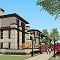 Modern Townhouses Exterior Design With Large Windows Green Plants People Walking And Blue Sky