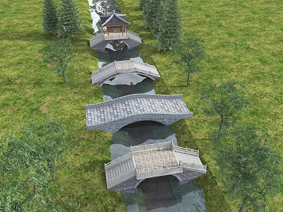 Scenic Traditional Stone Bridges Over Stream In Grassy Landscape With Trees And Pavilion 3d model
